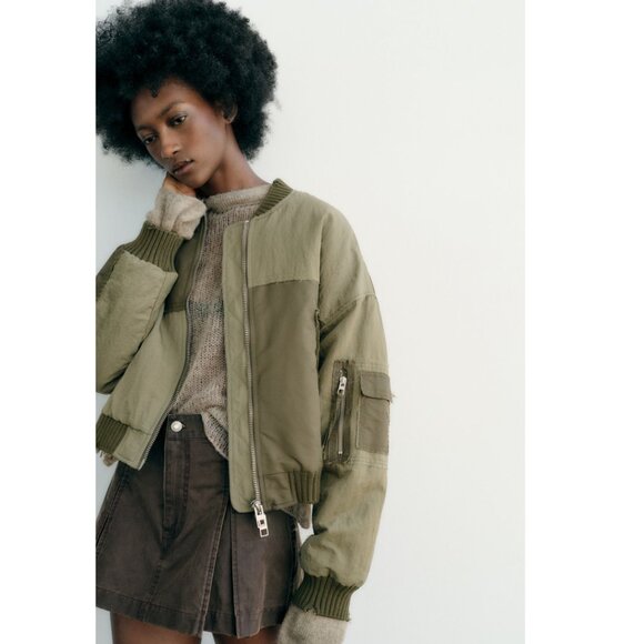 Zara Jackets & Blazers - ZARA Water Repellant Patchwork Bomber Jacket Green Oversized Size Medium Padded